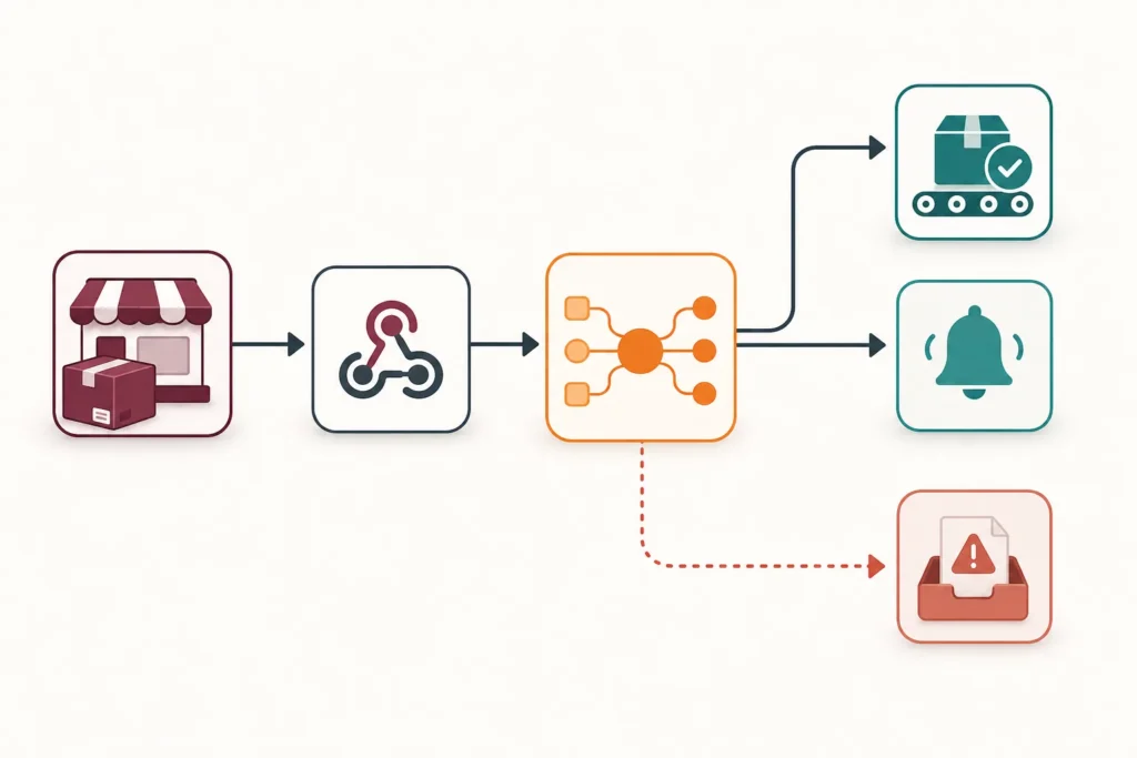 Wide workflow diagram showing a WooCommerce order event entering an automation process, being normalized, branching to fulfillment and notification actions, and following a separate error path.