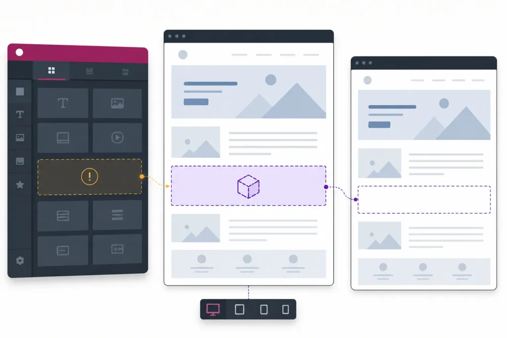 Split-screen page builder editor, responsive controls, and frontend preview showing a content widget present in the editor but missing from the published page.