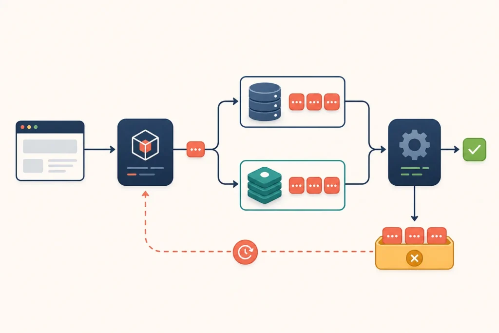 Diagram showing a web request sending a job to database or Redis queue storage, a worker processing it, and failed jobs returning through a retry path.