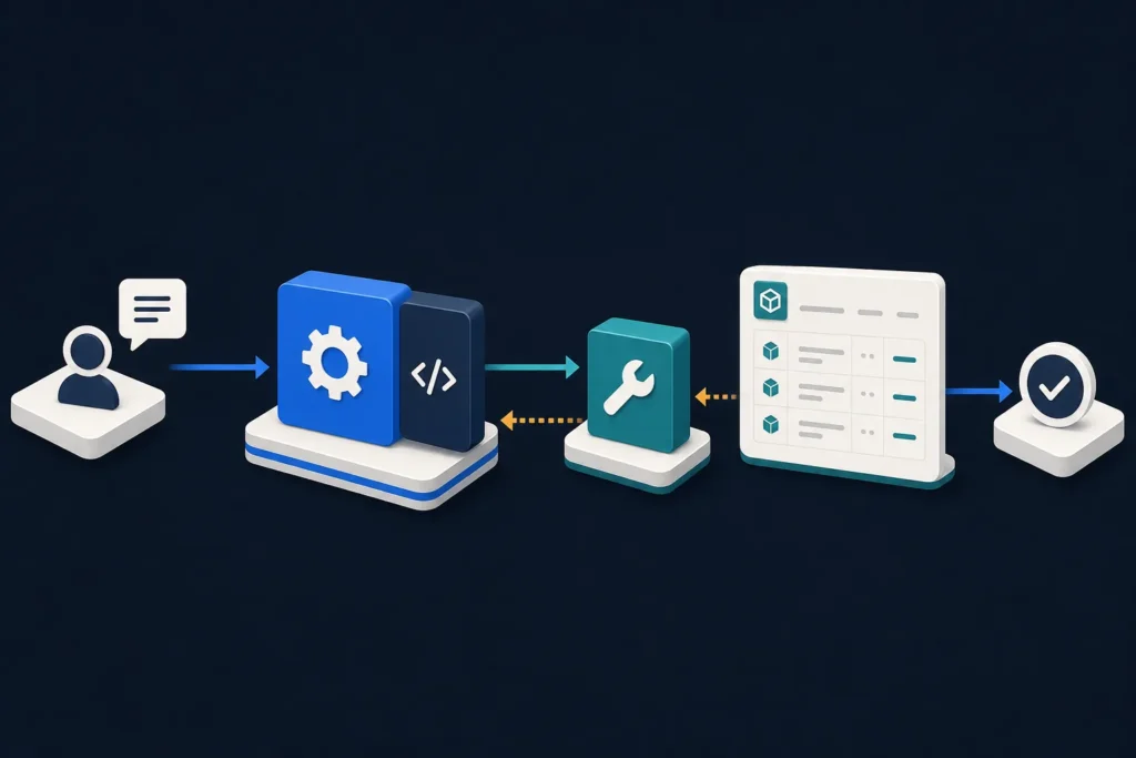 Wide architecture diagram showing a user request flowing to an agent and SDK, then to a custom inventory tool, with returned data becoming the final response.