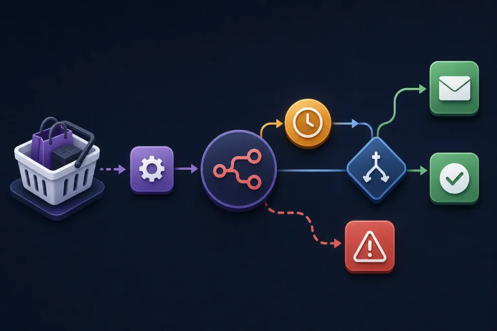 Wide workflow illustration showing an online shopping cart flowing into an automation process, waiting and order-status checks, then branching to a follow-up email, completed-order outcome, or error alert.
