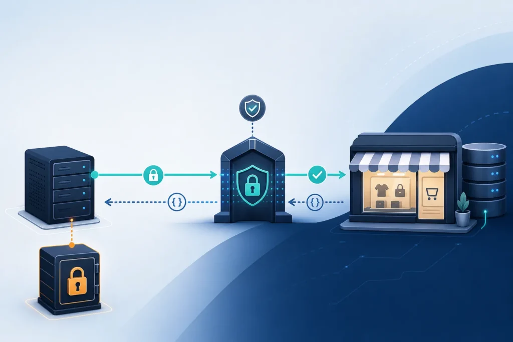 A server-side application sends an HTTPS request through an authentication gateway to an online store, with API credentials kept in a locked server vault.