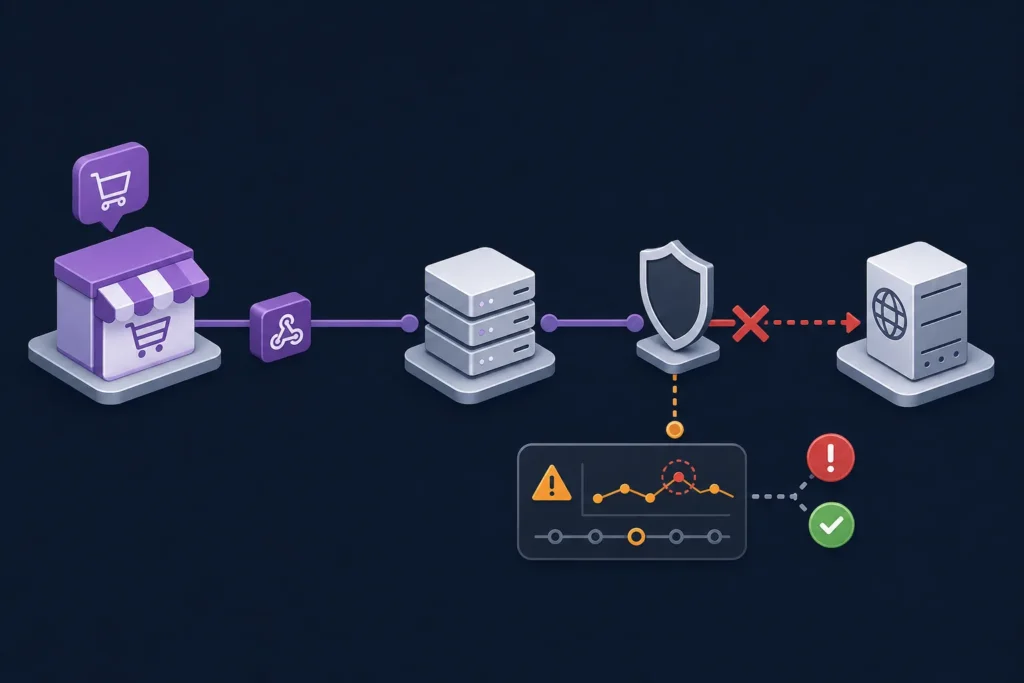 A wide technical illustration shows an online order event traveling toward a receiving server, with the delivery path interrupted by a network barrier and diagnostic checkpoints nearby.