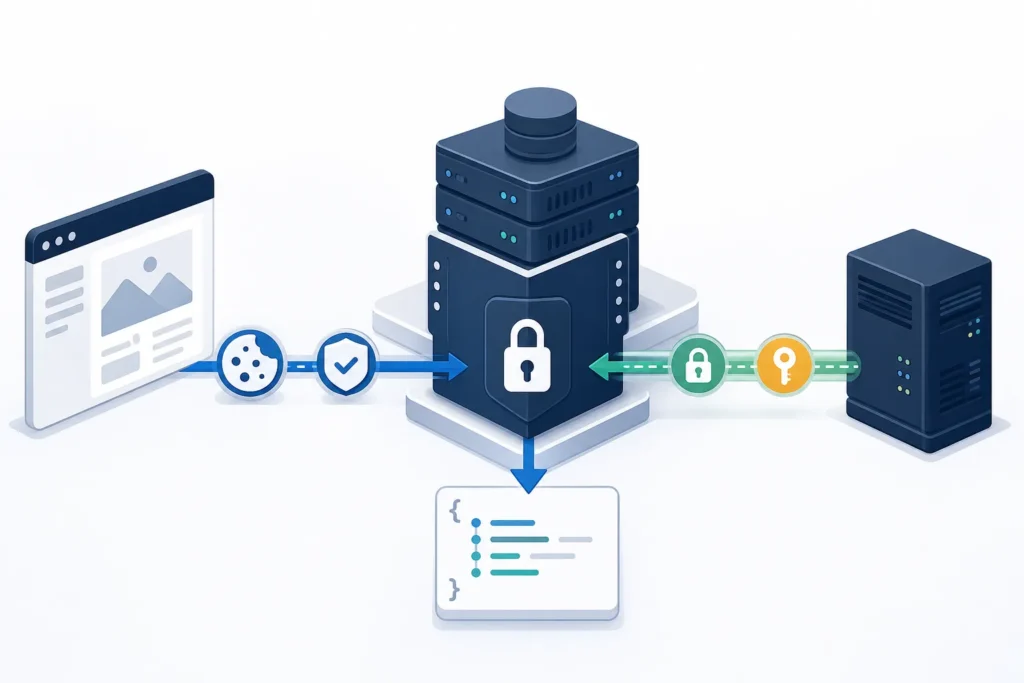 Browser and external server follow separate secure paths to a protected content management API, with the browser using session symbols and the server using an application key.