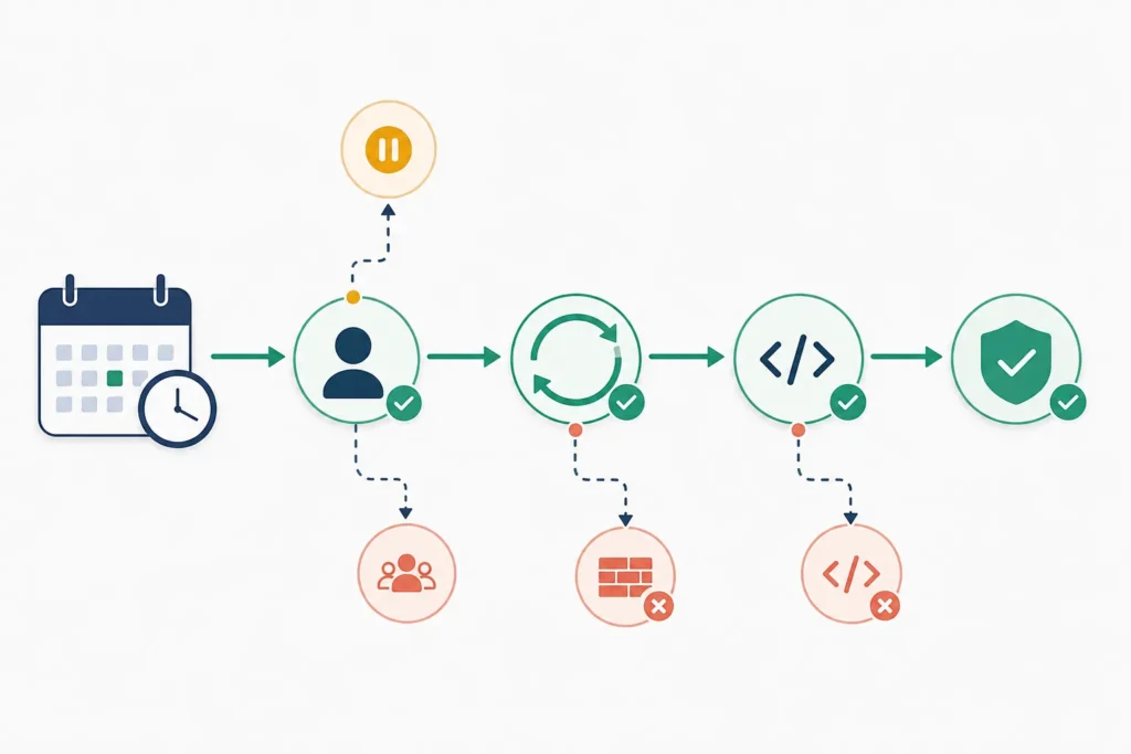 Wide diagram showing a scheduled task moving from a calendar event through a trigger, loopback request, callback, and final verification, with branches for disabled processing, low traffic, blocked requests, and callback errors.