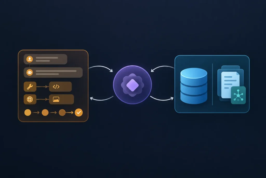 A central AI agent connects temporary conversation and tool context on one side with structured records and semantic document storage on the other, using arrows to retrieve information and save validated outcomes.
