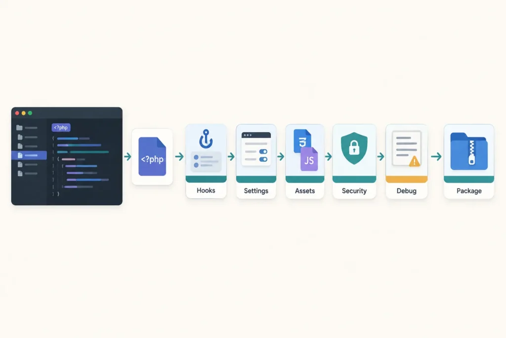 A wide technical illustration shows a PHP plugin file moving through hooks, admin settings, security checks, assets, debugging, and final packaging.
