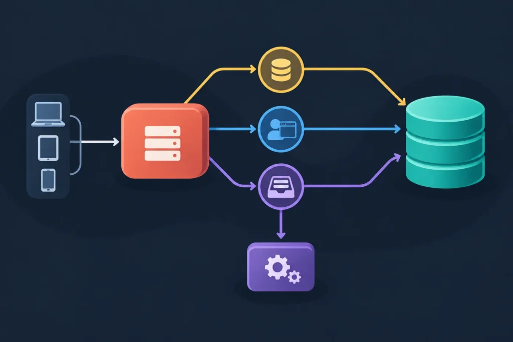Diagram showing a Laravel application connected to one Redis datastore for cache data, browser sessions, and queued jobs processed by a worker.