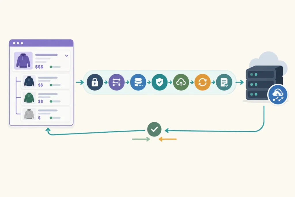 Wide diagram showing an online product catalog with a parent product and variations passing through secure mapping, pagination, validation, duplicate-safe updates, retries, and reconciliation before reaching an external API.
