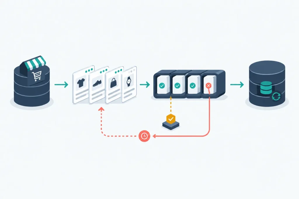 Wide technical illustration of store data moving through numbered page batches into a processing queue, with a saved checkpoint, a retry loop, and a final synchronization database.