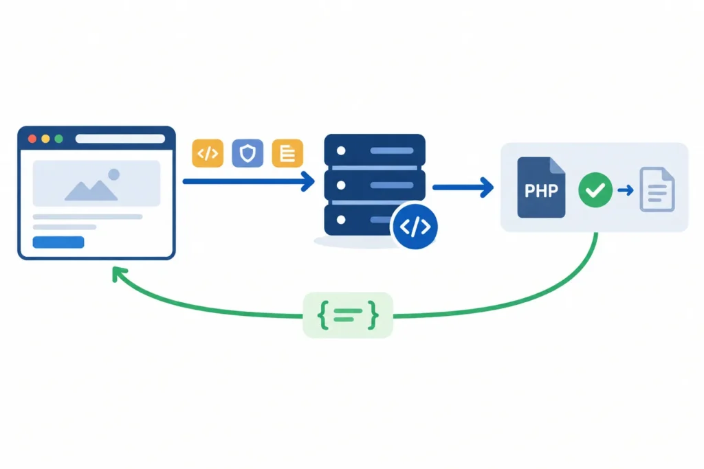 A browser sends an AJAX request with an action, nonce, and post ID through admin-ajax.php to a PHP callback, which returns a JSON response.